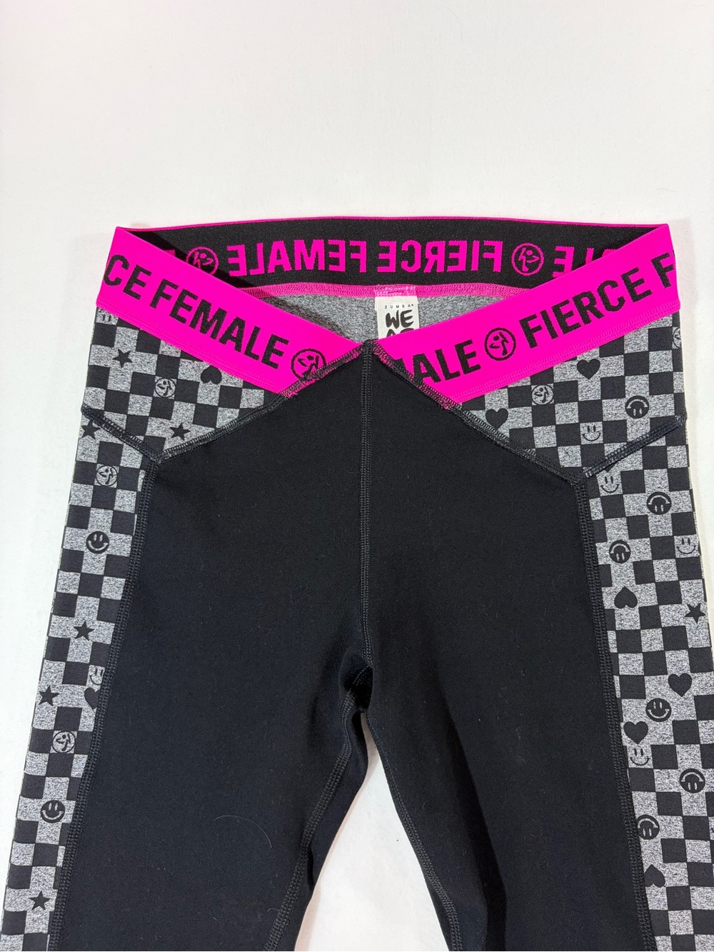 Zumba Fitness Black Leggings with Hot Pink Waistband and Gray Check Panels - Picture 3 of 7